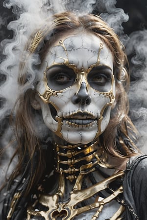 close up ultra detailed marble and gold sculpture of a female necromancer, (skeleton face), volumetric fog, hyperrealism, breathtaking, ultra realistic, ultra detailed, cyber background, cinematic lighting, highly detailed, breathtaking, photography, stunning environment, wide-angle