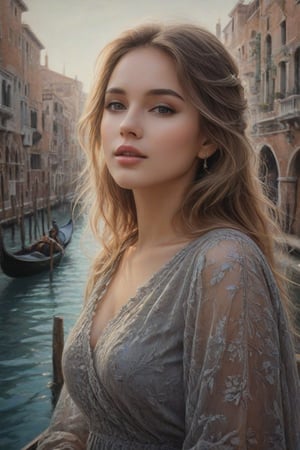 Midjourney,realism,cinematic quality,cartoon style, 
A captivating and mysterious painting of a beautiful woman, her face serene and peaceful. The background is a detailed sketch of the iconic city of Venice, with its canals, gondolas, and bridges. A subtle sense of enigma and tranquility is present, with a touch of artistic flair.