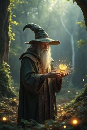 Cinematic style, realism, cinematic quality, rays of light, play of shadow and light, Beauty,
"A mystical wizard with a long beard and a tall, weathered hat stands in an enchanted forest, carefully tending to a glowing, magical flower. The scene is set in a misty forest at dawn, with soft, diffused light filtering through the trees. The wizard’s robes are adorned with intricate, ancient patterns, and the air is filled with golden, sparkling particles of magic. The atmosphere is one of wonder and ancient knowledge, with a sense of timelessness and serenity."
