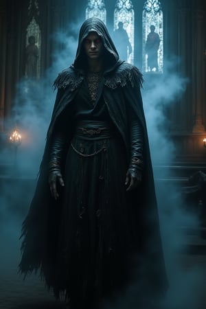 Cinematic, High Quality, Beauty, Realism, Chiaroscuro, Photorealism, Film Still,
a cinematic, high-contrast photograph of a mysterious, evil angel with piercing, crimson eyes, dressed in a flowing, tattered black hooded cloak with intricate, silver trim, standing in a dimly lit, Gothic-inspired cathedral with stained glass windows filtering shafts of eerie, blue-gray light, set against a dark, ominous, mist-shrouded background, with subtle, atmospheric smoke wafting around the angel's imposing figure, emphasizing its powerful, malevolent presence.
art by Tanya Shatseva, Gabriele Dell'otto, Andrew Atroshenko, Ross Tran, Anna Razumovskaya