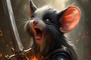 funny animals, Midjourney style, Photorealism, Cinematic style, high fidelity, realism, chiaroscuro, play of shadow and light, rays of light.
fantasy oil painting storybook illustration of a black and white mouseguard mouse with long hair, he is holding a flaming sword and wearing armor, mouth open screaming, large two front teeth, holding his sword getting ready to attack