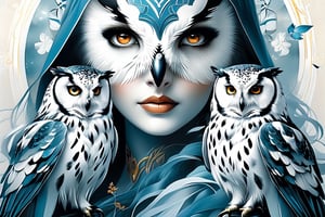 Midjourney, MJ, Midjourney style, poster, light background, close up, images of woman with owls, ethereal beauty style, porcelain, dark white and light azure, Clifford's coffin, northern revival, white and amber, wiccan, manga, anime