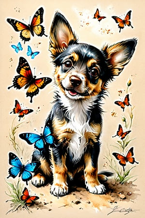 Pastel,  pencil drawing, drawing with dry chalk, 
(famous artwork by Jean Baptiste Monge:1.4), a small cute puppy curiously watches a butterfly, butterfly lands on nose, tilted head, long beige fur, (brown nose:2.0), overexcited, happy, joy
