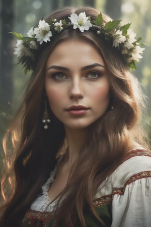 Vintage poster of a beautiful Slavic woman’s face in traditional slavic costume, flower crown, dancing in the forest, realistic style, concept art, Gabriele Dell'otto, Style AI Midjourney,