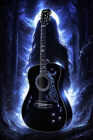 Midjourney, MJ, Midjourney style, poster, manga, anime, 
A mesmerizing dark fantasy illustration captures the essence of a hauntingly beautiful guitar, its silhouette starkly highlighted against an inky black background. The edge of the guitar is bathed in a chilling supernatural light, emanating from an enigmatic, otherworldly source. This eerie illumination creates a haunting ambiance, with the contrast between light and dark areas amplifying the captivating atmosphere. The ethereal glow and mysterious aura of the scene transport the viewer into a realm of fantasy and wonder, making this captivating illustration a true masterpiece of dark fantasy art. The intricate details and enchanting ambiance are sure to leave a lasting impression on all who behold it., dark fantasy 