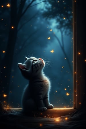 Abstract Lighting Effects, Midjourney Style, Photorealism, Cinematic, High Fidelity, Realism, Light Play,
painting suggests it is a mechanical creation, dark or moody setting, 
sense of depth and intrigue, monochromatic color scheme, digital brush strokes,  vector graphics, neon colored, 
A kitten bathed in moonlight looks at a glowing firefly butterfly, side view, he looks up, ((magic glowing magic smoke and fireflies surround him)) and tiny butterflies dance around him, in the window of a village house, a magical night, whimsical, dreamy, fabulous, perfect anatomy, perfect composition, ((golden ratio)) art MSchiffer, Gabriele Dell'otto, AI Midjourney model



