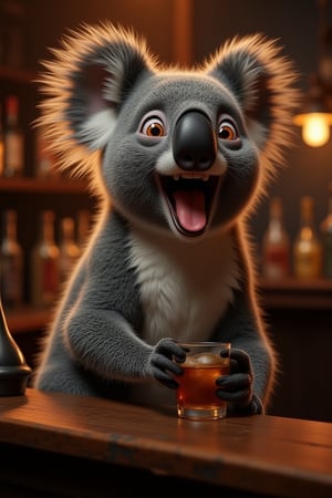 funny animals, Midjourney style, Photorealism, Cinematic style, high fidelity, realism, chiaroscuro, play of shadow and light, rays of light.
ArsMJStyle, a koala in a bar, bar background, indoors, sitting at counter, only upper body visible, looking at viewer, laughing, paw on counter, holding glass of whiskey.