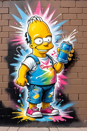 Graffiti, pastel. A vibrant street mural on a brick wall featuring a cartoonish, mischievous Simpson. Simpson is holding a can of paint and spraying it. Simpson has an exaggerated, joyful expression and is smiling widely. The background is a mix of graffiti-style elements and splashes of color, highlighting the atmosphere of urban street art.