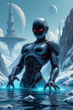 illustration, cartoon, anime, manga, drawing, 
score_4_up, score_9, score_8_up, score_7_up, score_6_up, 7_up, score_6_up, 
"Create a high-resolution digital painting of an advanced robotic figure emerging dynamically from icy waters on an alien planet. The robot has a streamlined, futuristic design with exposed hydraulics and armor plating, glowing red eyes, and articulated fingers reaching out towards the viewer. The backdrop features a massive celestial body hanging low in the sky, with a distant, complex space station orbiting it. The scene is illuminated by a surreal, icy blue light that reflects off the water and ice, enhancing the cold, otherworldly atmosphere."

