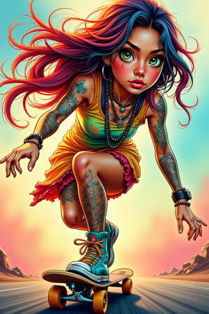 Midjourney style, cinematic style, high quality, realism, chiaroscuro, still film, realism, 
anime, illustration, cartoon, 4k 
close-up "A vibrant, cartoon-style, sketch, hippie girl with colorful tattoos and piercings, riding a skateboard. The character has a dynamic pose, with flowing hair and exaggerated curves, as she makes a sharp turn towards the camera. The scene is filled with bright, psychedelic colors and playful, whimsical details that give it a unique, energetic vibe. The background is abstract, enhancing the sense of motion and excitement."







 
  

  
