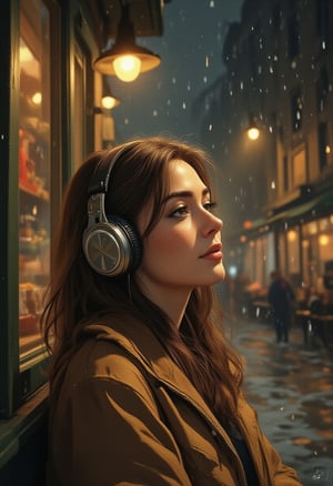 watercolor, wet on wet, paintstreaks, watercolor painting, Cinematic style
An American manga-style illustration with a retro 1990s aesthetic. The scene features a calm and serene K-pop idol with long, side-parted brown hair and oversized vintage headphones. She's leaning against the entrance of a cozy, dimly lit cafe, with soft lighting coming through, creating a peaceful atmosphere on a rainy day. The idol has a gentle smile, and her pose reflects a sorrowful mood.