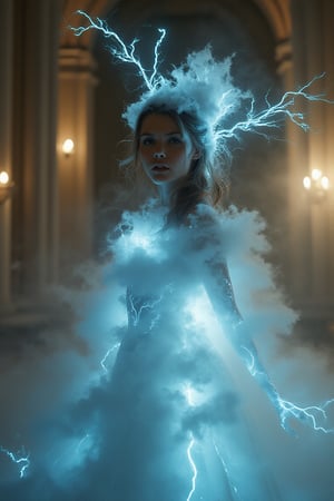 Cinematic style, Beauty, Realism, Chiaroscuro, Cinematography,
Film still, close-up, hyper-realistic portrait of a woman in an ethereal dress composed of lightning, clouds and fog. The dress appears alive, with electric tendrils crackling across its surface, illuminating the woman's pale skin with a blue-white glow. Wispy clouds swirl around her torso, forming an ever-shifting bodice, while a gentle mist drifts down to create a flowing skirt that disappears into thin air. Her hair flutters in the wind, spewing lightning bolts, strands rising as if charged with static electricity. The woman's expression is intense and otherworldly, her eyes reflecting the storm contained within her garment. The background is a softly blurred temple chapel, rendered in warm, muted tones that contrast with the electric blue of the dress. The bokeh effect creates floating balls of light, reminiscent of bedside lamps or candles. Soft focus emphasizes the sharpness and detail of the subject in the foreground. Dynamic lighting plays a crucial role, with the dress serving as the main light source.