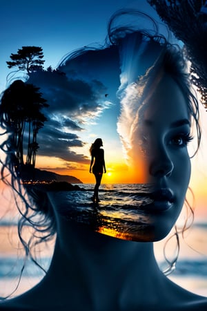 double exposure, lMidjourney, MJ, Midjourney style, double exposure,  merging, blending, ovely double exposure image, Double Exposure style, An exceptional 8K Ultra HD masterpiece by Yukisakura revealing a fantastic double exposure composition of an elegant goddess silhouette harmoniously intertwined with the visually striking details of a sunset coast. While the coastli' Details are outwardly echoing through the fabric of the divine figure, beautiful tension climbs as the contrasting use of monochrome in the background immediate pardesign aux maintains razor-sharp focus on the remarkable double exposure image. Characterized by its awesome full-color scheme and crisp lines that shadow the contours just as meticulously. (Detailed:1.45). (Detailed background:1.4).