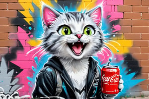 Graffiti, pastel. A vibrant street mural on a brick wall featuring a cartoonish, mischievous cat with white hair. The cat is holding a can of paint and spraying it. The cat has an exaggerated, joyful expression and is smiling widely. The background is a mix of graffiti-style elements and splashes of color, highlighting the atmosphere of urban street art.

