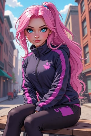 illustration, cartoon, anime, manga, drawing, 
score_9, score_8_up, score_7_up, score_6_up, score_5_up, score_4_up, screenshot from Adventure Time, Princess Bubblegum in Techwear jacket and leggings, sitting on bench, city street, looking at viewer


 

  