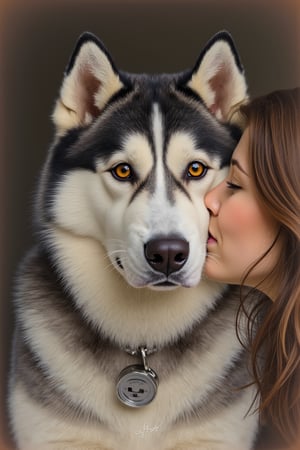 Cinematic style, High quality, Realism, Chiaroscuro, Film still, 
Pastel, dry chalk, colored pencil, cinematic style, half body, close up, 22 year old girl with deep brown eyes, brunette and loyal female husky, mutual gaze, warmth, closeness, tender interaction, capturing the essence of a unique connection, tender moment, soft tones, delicate brushwork, soft lighting, emphasizing a tender connection, genuine emotion, golden ratio, minute details.