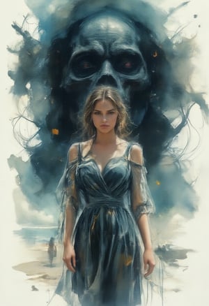 Cinematic style, Beauty, Realism, Chiaroscuro, High quality, illustration, watercolor, 
(double exposure of black grim reaper and beautiful woman), [close-up of black grim reaper's face in the distance above: beautiful woman standing on the beach, wearing a beautiful dress : 0.25],