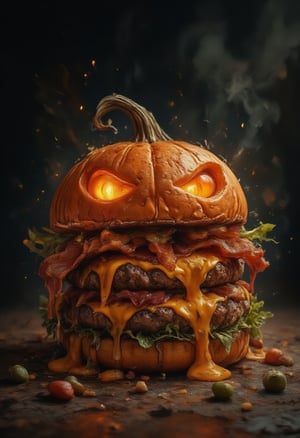 watercolor,wet on wet, paintstreaks, watercolor painting, illustration, 
 analog photo, product studio, high key, inconming dappled lighting, anthropomorphic pumpkin burger made of halloween (spooky glowing eyes:1.4)  pumpink on top. The bacon goes out like a tongue but rolled up. Melting dripping cheese from the sides , spicy, lot of condiments, steam haze from product, product studio shot, cinematic, dark background, masterpiece, sharp focus