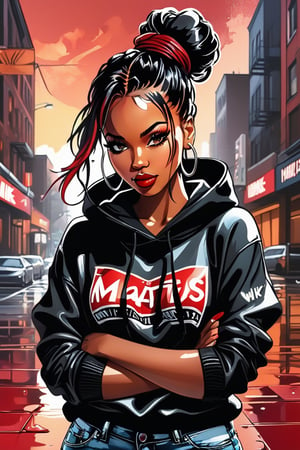 A stunning 8K airbrush cartoon of an African American woman exuding confidence and strength. She has short, glittery black nails, a vibrant red and black hairstyle tied in a messy bun, expressive brown eyes, and full lips. She wears a black hoodie with the words "Mental Health Matters" written in dripping letters, ripped fitted jeans, and Nike Dunk sneakers. The background is a vibrant, abstract cityscape with a sunset hue, emphasizing her powerful presence.
 She invites the viewer to immerse herself in the contemplation of beauty and think about the eternal truths of existence, in the style of Bernie Wrightson, Anders Zorn, Alexi Brilo, Luis Royo,extremely detailed