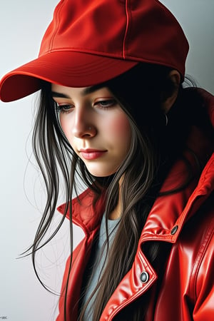 Cinematic style, High quality, Beauty, Realism, Film still, Chiaroscuro, Photorealism, Still Film, (Masterpiece), Close-up, 8k, 
Poster, sketch, close-up, sketch, fine lines and shading, Dark-haired girl with long, delicate strands wearing a red baseball cap and a red jacket, gazes despairingly downwards, strands of hair obscuring part of her face, contrasted by a soft sidelight highlighting her features, strands of hair, red cap, red jacket , downward gaze, ultra HD, realistic, vivid colors, highly detailed, UHD drawing, pen and ink, perfect composition, beautiful, detailed, intricate, insanely detailed art by Giovanni Boldini, Andrey Atroshenko, Tanya Shatseva, Ross Tran, Anna Razumovskaya, 