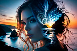 double exposure, lMidjourney, MJ, Midjourney style, double exposure,  merging, blending, ovely double exposure image, Double Exposure style, An exceptional 8K Ultra HD masterpiece by Yukisakura revealing a fantastic double exposure composition of an elegant goddess silhouette harmoniously intertwined with the visually striking details of a sunset coast. While the coastli' Details are outwardly echoing through the fabric of the divine figure, beautiful tension climbs as the contrasting use of monochrome in the background immediate pardesign aux maintains razor-sharp focus on the remarkable double exposure image. Characterized by its awesome full-color scheme and crisp lines that shadow the contours just as meticulously. (Detailed:1.45). (Detailed background:1.4).