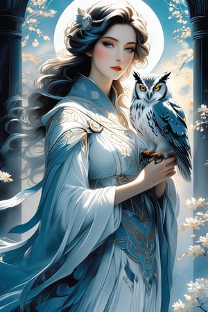 Midjourney, MJ, Midjourney style, poster, light background, close up, images of woman with owls, ethereal beauty style, porcelain, dark white and light azure, Clifford's coffin, northern revival, white and amber, wiccan, manga, anime