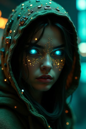 A hyper-realistic portrait, looking at the camera, slight blur, close-up of a futuristic woman with glowing cyan-blue eyes, her face intricately decorated with golden, motherboard-like patterns. She wears a high-tech burlap hood encrusted with small glowing lights and micros with intricate details, giving a cyberpunk atmosphere. The background is a dimly lit futuristic environment with blurred bokeh lights, creating a deep and immersive atmosphere. The overall mood is mysterious and intense, with an emphasis on the glowing elements and a sharp contrast between dark and light areas. The colors are a mix of deep greens, metallic golds and glowing blues, giving the image a rich and vibrant feel.