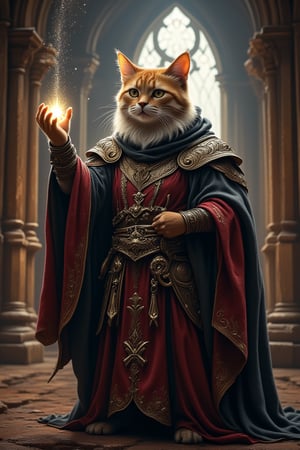 Beauty, realism, cinematography, chiaroscuro, rays of light, play of shadow and light, cinematic quality, Cinematic style, 
"A majestic cat in a fantasy medieval setting, dressed as a powerful wizard with ornate robes and intricate armor. The cat stands tall, casting a spell with one paw extended, surrounded by glowing magical particles. The scene is set in a grand, ancient cathedral-like environment with gothic architecture, rich in detail and illuminated by a mystical light. The atmosphere is epic and cinematic, capturing the essence of a fantasy world where animals are powerful sorcerers."

