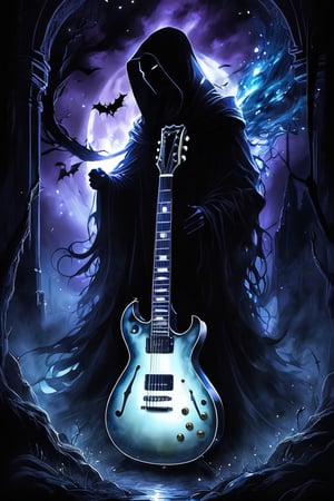 Midjourney, MJ, Midjourney style, poster, manga, anime, 
A mesmerizing dark fantasy illustration captures the essence of a hauntingly beautiful guitar, its silhouette starkly highlighted against an inky black background. The edge of the guitar is bathed in a chilling supernatural light, emanating from an enigmatic, otherworldly source. This eerie illumination creates a haunting ambiance, with the contrast between light and dark areas amplifying the captivating atmosphere. The ethereal glow and mysterious aura of the scene transport the viewer into a realm of fantasy and wonder, making this captivating illustration a true masterpiece of dark fantasy art. The intricate details and enchanting ambiance are sure to leave a lasting impression on all who behold it., dark fantasy 