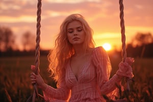 Cinematic style, realism, cinematic quality, rays of light, play of shadow and light, Beauty,
"A beautiful woman with wavy blonde hair sits on a swing at sunset. She wears a pink plaid dress that contrasts with the warm, vibrant hues of the sky. The scene is cinematic, with soft, glowing light highlighting her features as she closes her eyes in a moment of serene contemplation. The atmosphere is peaceful and dreamy, with a sense of calmness and introspection."


