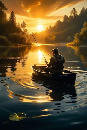 A thrilling fishing scene captures the moment of victory as the angler reels in a massive, gleaming fish. The fish's scales shimmer in the sunlight, reflecting the ripples on the water's surface. The angler's determination is evident in their focused expression, while the fishing rod bends under the weight of the catch. The background showcases a serene lake surrounded by lush greenery and a picturesque sky.. vibrant, painting, illustration, portrait photography, dark fantasy, golden patterns, golden and black spirit, DissolveSdxl0
this captivating image is the brainchild of esteemed artists Jim Mahfood, Henry Asencio, Greg Rutkowski, Craig Davison, Jenny Saville, Bernie Wrightson, and Frank Frazetta.,scenery