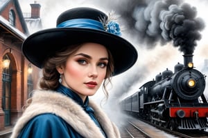 Pastel, black pencil hatching, charcoal drawing, toned paper, pencil drawing,
A historical scene set in a foggy train station. Foreground close-up, on camera, Anna Karenina, dressed in elegant 19th century winter attire including a fur cape, a hat decorated with flowers and a blue ribbon, throws herself (in motion) under a steam locomotive. The train emits steam, creating a dramatic and nostalgic atmosphere. In the background are details of the train station with an industrial, vintage feel., drawing with dry chalk