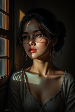 Beauty, realism, cinematography, chiaroscuro, rays of light, play of shadow and light, cinematic quality, drawing with dry chalk, Pastel, Cinematic style, 
beautiful japanese girl, glasses, eye highlights, subsurface scattering, photorealistic, hyperrealistic, analog style, realistic, film photography, soft lighting, low light, dramatic lighting, darkness,