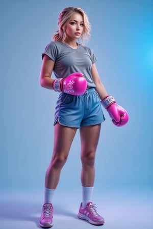 Midjourney style, Pastel, Cinematic style, high fidelity, realism, chiaroscuro, play of shadow and light,
1 girl, solo, looking at viewer, blonde, wearing a gray shirt with short sleeves, blue shorts, white socks, and pink shoes. She has golden eyes, gloves, and a ponytail. Full body shot with a gradient blue background. Pink boxing gloves, sneakers, and a gradient effect. Q version of the art, enhanced all, made by official art. A sleek and lovely masterpiece.