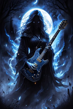 Midjourney, MJ, Midjourney style, poster, manga, anime, 
A mesmerizing dark fantasy illustration captures the essence of a hauntingly beautiful guitar, its silhouette starkly highlighted against an inky black background. The edge of the guitar is bathed in a chilling supernatural light, emanating from an enigmatic, otherworldly source. This eerie illumination creates a haunting ambiance, with the contrast between light and dark areas amplifying the captivating atmosphere. The ethereal glow and mysterious aura of the scene transport the viewer into a realm of fantasy and wonder, making this captivating illustration a true masterpiece of dark fantasy art. The intricate details and enchanting ambiance are sure to leave a lasting impression on all who behold it., dark fantasy 