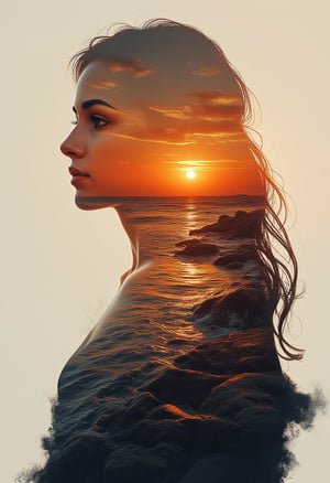 Cinematic style, Beauty, Chiaroscuro, High quality, illustration, 
high quality, 8K Ultra HD, A beautiful double exposure that combines an goddess silhouette with sunset coast, sunset coast should serve as the underlying backdrop, with its details incorporated into the goddess , crisp lines, The background is monochrome, sharp focus, double exposure, awesome full color