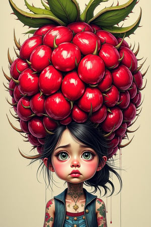 Midjourney, Midjourney style, Super HD, hyperquality, hyper-realistic, 
realism, cinematic quality, painting, Colored ink sketch of a girl looking discontented beneath an enormous prickly raspberry, influenced by artists Chris Bachalo, Tim Burton, and Tom Gald, featuring an oversized head, enormous eyes, and heightened caricature emotions, rendered in vivid, contrasting hues, with a dynamic composition, bright colors, digital painting technique, complemented by sticker-like, 2D cute qualities, fantasy elements, a dreamy atmosphere, stylized,manga,Niji style,cartoon style