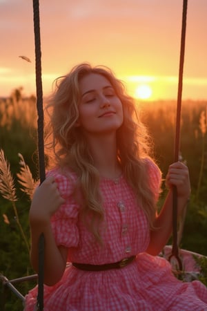 Cinematic style, realism, cinematic quality, rays of light, play of shadow and light, Beauty,
"A beautiful woman with wavy blonde hair sits on a swing at sunset. She wears a pink plaid dress that contrasts with the warm, vibrant hues of the sky. The scene is cinematic, with soft, glowing light highlighting her features as she closes her eyes in a moment of serene contemplation. The atmosphere is peaceful and dreamy, with a sense of calmness and introspection."


