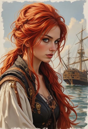 watercolor, wet on wet, paintstreaks, watercolor painting, illustration, Cinematic style
fantasy, medieval, pirate, wild, FEmale, HANDSOME, red hair