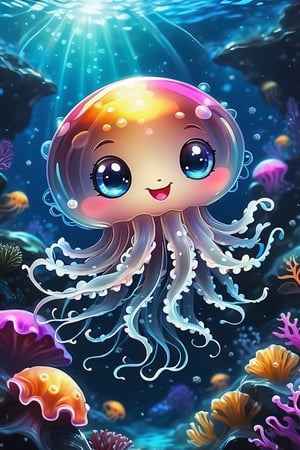 A delightful and adorable anime-style baby jellyfish, with its playful tentacles flowing gracefully around it. The little jellyfish has bright, sparkling eyes and a big smile. The background is a serene underwater world, filled with vibrant colors and various marine life. The overall ambiance of the image is cheerful and light-hearted, perfect for brightening anyone's day., anime
 She invites the viewer to immerse herself in the contemplation of beauty and think about the eternal truths of existence, in the style of Bernie Wrightson, Anders Zorn, Alexi Brilo, Luis Royo