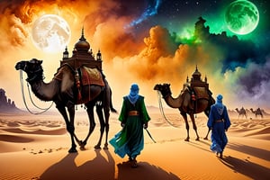 Midjourney, MJ, Midjourney style, a group of camel travelers in traditional Arabian robes survey a vast desert at night as a (((creepy genie: 1.5))) desert erupts from a sandstorm, Aladdin's lamp, green light pulsates in the sky, ethereal, spectral, gorgeous yet terrifying, the scene is captured in dimly lit dark fantasy yet vibrant colors, with thick ink lines defining the form against a watercolor wash of old paper, Art by Giovanni Boldini, Andrey Atroshenko, Tanya Shatseva, Ross Tran, Anna Razumovskaya, poster, manga, anime