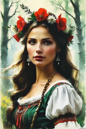 Vintage poster of a beautiful Slavic woman’s face in traditional slavic costume, flower crown, dancing in the forest, realistic style, concept art, Gabriele Dell'otto, Style AI Midjourney,