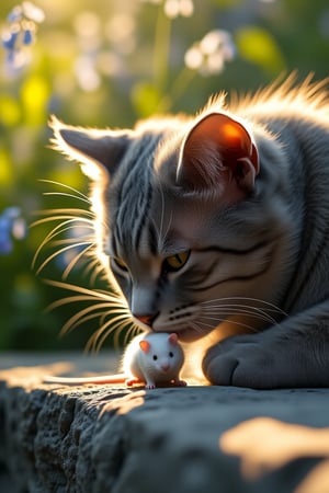 Cinematic style, High quality, Beauty, Realism, Film still, Chiaroscuro, Photorealism, Still Film, (Masterpiece), Close-up, 8k, 
cinematic still An anime-style grey cat aleksA4 plays with a white mouse. chiaroscuro, low-key, grainy, film grain, textures reminiscent of a dry chalk drawing. The soft background with blooming mouse of the valley and morning light creates an atmosphere of tenderness and tranquility.art by Luis Royo, dark, dark, sinister . emotional, harmonious, vignette, 4k epic detailed, shot on kodak, 35mm photo, sharp focus, high budget, cinemascope, moody, epic, gorgeous, film grain, grainy