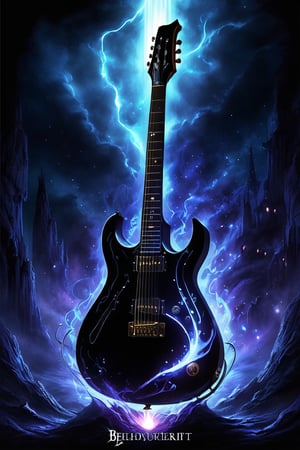 Midjourney, MJ, Midjourney style, poster, manga, anime, 
A mesmerizing dark fantasy illustration captures the essence of a hauntingly beautiful guitar, its silhouette starkly highlighted against an inky black background. The edge of the guitar is bathed in a chilling supernatural light, emanating from an enigmatic, otherworldly source. This eerie illumination creates a haunting ambiance, with the contrast between light and dark areas amplifying the captivating atmosphere. The ethereal glow and mysterious aura of the scene transport the viewer into a realm of fantasy and wonder, making this captivating illustration a true masterpiece of dark fantasy art. The intricate details and enchanting ambiance are sure to leave a lasting impression on all who behold it., dark fantasy 