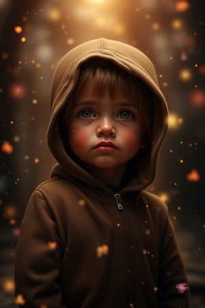 Abstract Lighting Effects, flowers, patterns, Midjourney style, Photorealism, Cinematic style, high fidelity, realism, chiaroscuro, play of shadow and light, rays of light.
"A close-up portrait photograph of a young child with expressive, watery eyes and an expression of sadness or fear. The child is wearing a brown hoodie over his head and is standing in a dimly lit urban environment with the blurry city lights glowing warmly in the background. The lighting is soft, highlighting the child's smooth skin and tear-stained cheeks. The overall mood is emotional and touching, focusing on the child's innocence and vulnerability, framed by the subtle bokeh effect of the background."

