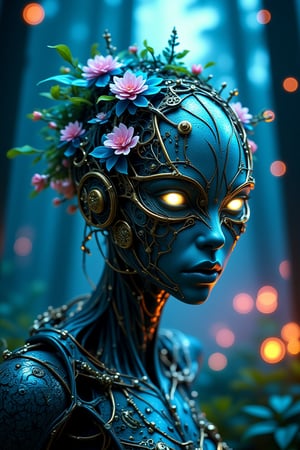 Midjourney, Midjourney style, Super HD, hyperquality, hyper-realistic, 
Cinematic high quality photo, (different photorealistic portrait masterpiece of a mysterious hybrid creature, a fusion of floral and mechanical) elements, wandering through an enchanted forest of bioluminescent trees and glowing plants. This unique being, with a body covered in lush foliage and intricate gears, has radiant eyes that emit a soft, (gloomy and mesmerizing light). It explores the surreal landscape, a realm where nature and technology coexist harmoniously. Delicate flowers intertwined with polished metal vines form a fascinating, intricate pattern on the creature's skin. High detail, (by Jean Ansell, Josephine Wall, H. R. Giger, and Daniel Lieske),geometric shapes,architectural details, 64k photography,close-up textures, manga, anime, poster