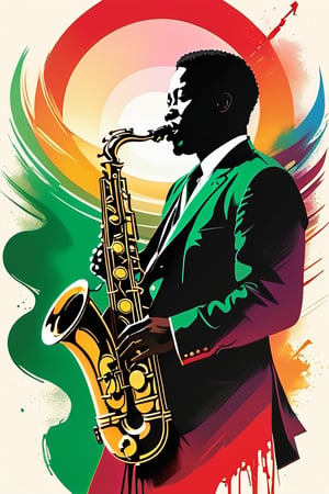 A vivid vector digital drawing of a jazz saxophone, with the body of the instrument adorned in Pan-African colors: red, green, and gold. The saxophone is positioned at an angle, as if it's being played by an invisible musician. Behind the saxophone, there is an abstract representation of a sunset, with the colors blending seamlessly into each other. The overall ambiance of the image is lively, vibrant, and full of energy.
 She invites the viewer to immerse herself in the contemplation of beauty and think about the eternal truths of existence, in the style of Bernie Wrightson, Anders Zorn, Alexi Brilo, Luis Royo