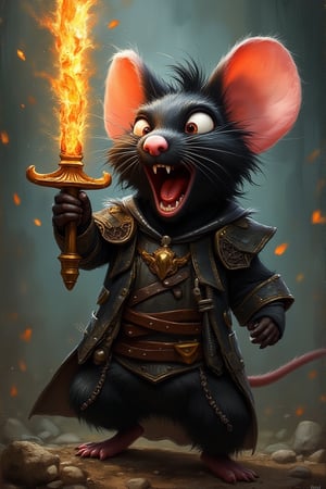 funny animals, Midjourney style, Photorealism, Cinematic style, high fidelity, realism, chiaroscuro, play of shadow and light, rays of light.
fantasy oil painting storybook illustration of a black and white mouseguard mouse with long hair, he is holding a flaming sword and wearing armor, mouth open screaming, large two front teeth, holding his sword getting ready to attack