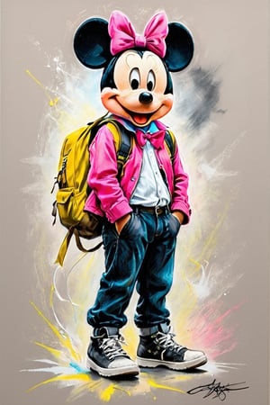 #pastel, #dry chalk drawing, #chalk on paper, #chalk shading, #chalk drawing, #tinted paper, #colored chalk drawing, #chalk shading,
Mickey Mouse style graffiti, with his signature pink hat and yellow bow tie. Mickey's girl is wearing a black jacket, black pants and black sneakers. She is carrying a backpack
style: Antonio Mora, Andre Cohn, Arthur Bordalo, Bob Ringwood, Benedick Bana,Charcoal drawing, black pencil drawing,colored crayons