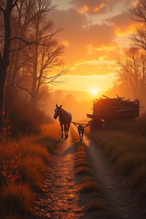 Beauty, realism, cinematography, chiaroscuro, rays of light, play of shadow and light, cinematic quality, drawing with dry chalk, Pastel, Cinematic style, 
a farmer walking next to his mule pulling an old cart full of wood and his dog following behind, with cinematic perfect twilight light. Art by Matt Molloy, depth of field, haze, (blazing sky:1.2), meticulous detail, (golden hour:1.2), perfect composition, 8k artistic photography, volumetric light, chiaroscuro, rule of thirds, golden ratio